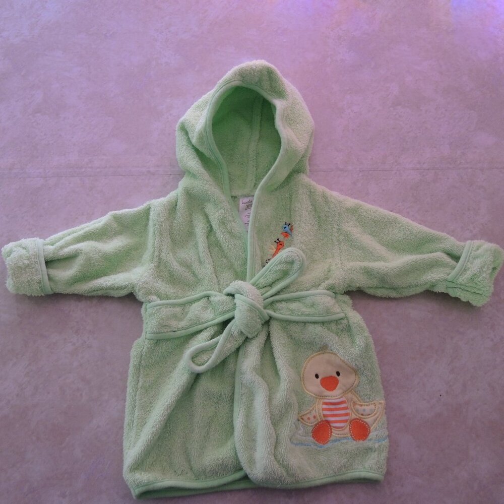 4/$25 Baby 100% Cotton Terry Hooded Bath Robe Green w/ Duck & Dragonfly 0-9 Mon